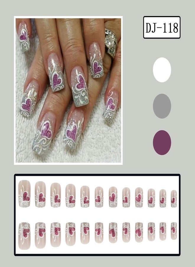 TBRZTR Purple Heart Valentine's Press on Nails Medium European Lines Design Gradient Stick on Nails Valentine's Nails Press Ons Glitter Powder Glue on Nails Charm Holiday Nails for Women Acrylic Nails - Image 2